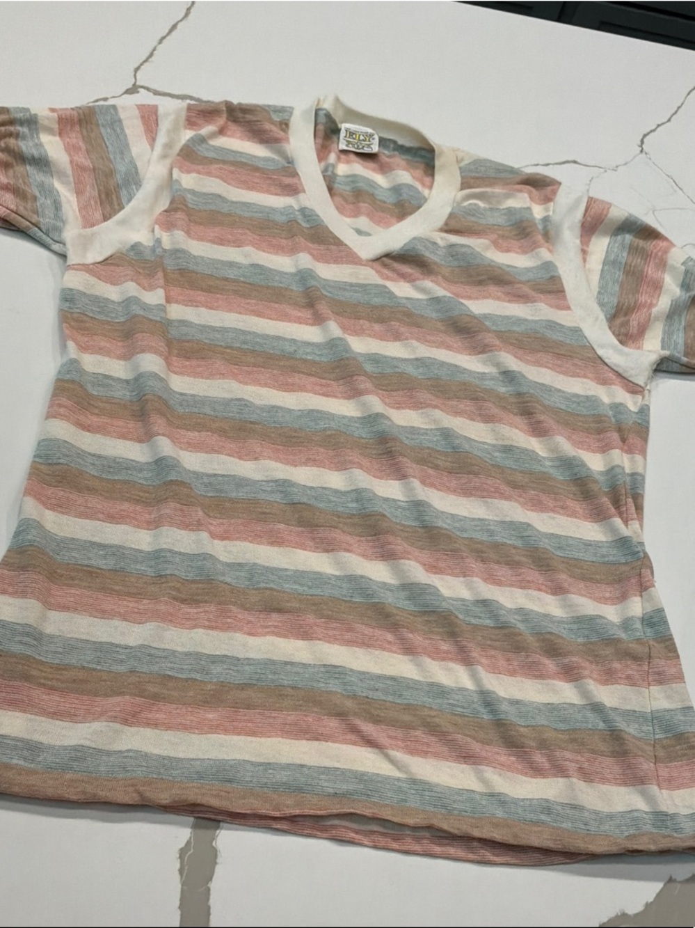Vintage ELY U.S.A. Striped Women’s Tee in Cream, Pink & Blue Large